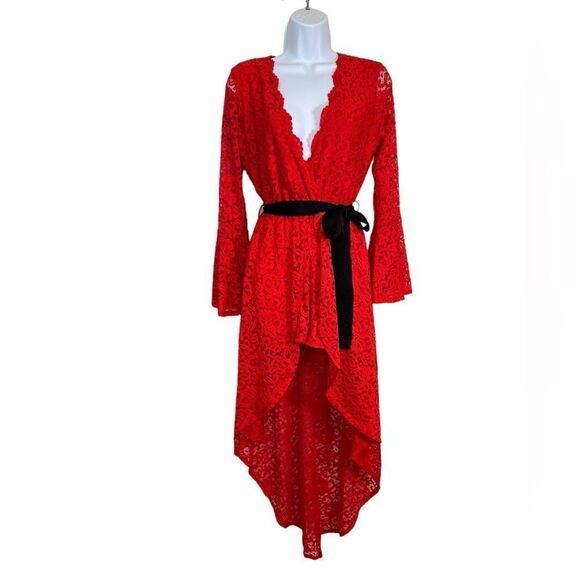 VENUS High-Low Red Lace Romper Black Wide Belt Long Sleeve Size XSmall NWOT - Picture 1 of 15
